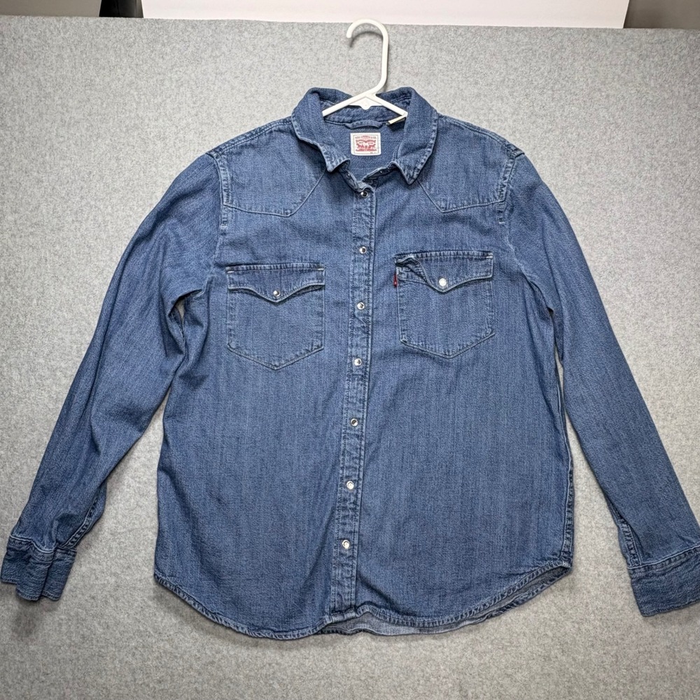 Levis Western Denim Shirt Womens Large Blue Long Sleeve Pearl Snap Cotton
